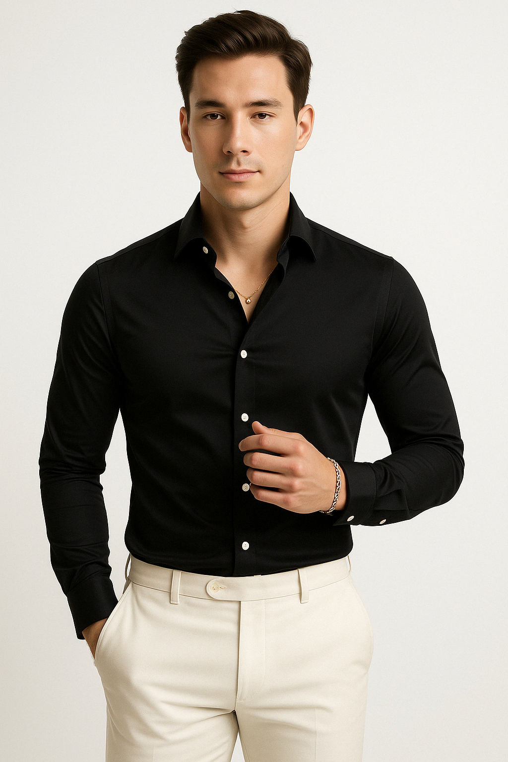 Herreskjorte med knapper – Slim Fit – 100 % bomull – Langermet formell skjorte
