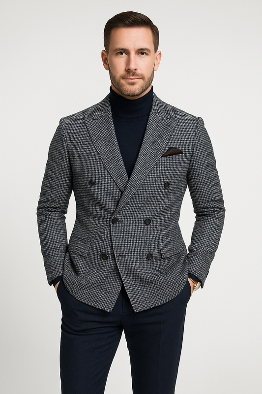 Herre blazer – tweedstoff – skreddersydd passform – dobbeltspent – spisse slag