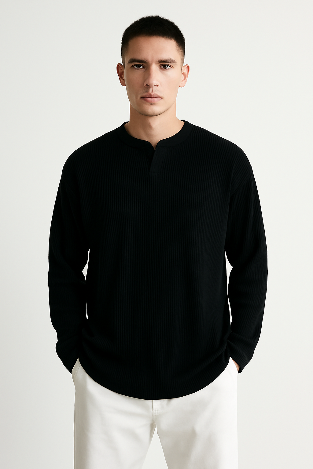 Herr Långärmad T-shirt – Ribbstickad – Avslappnad Passform – V-ringad Basplagg
