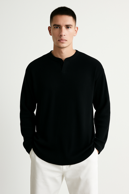 Herr Långärmad T-shirt – Ribbstickad – Avslappnad Passform – V-ringad Basplagg