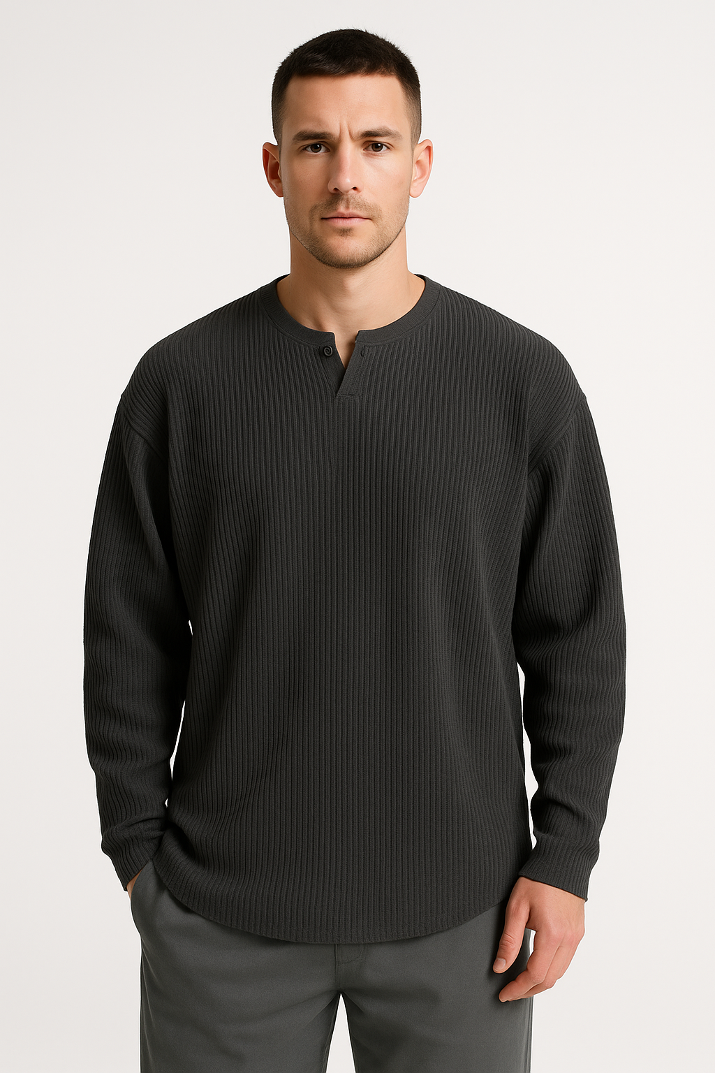 Herr Långärmad T-shirt – Ribbstickad – Avslappnad Passform – V-ringad Basplagg
