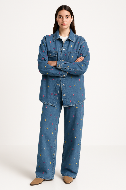 Dam Denimjacka – Oversized Passform – Broderad Detalj – Informell Vardagsstil