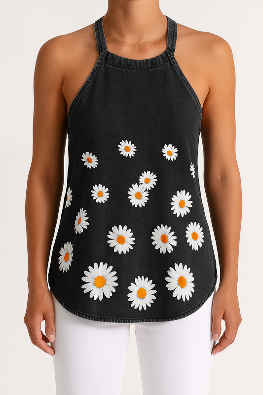 Dam Camisole Topp – Lätt Denimlook – Avslappnad Passform – Spagettiband – Blommönster