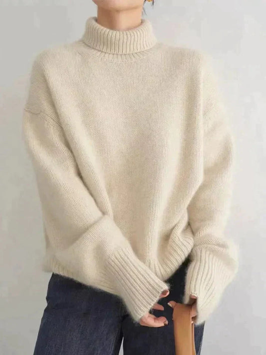 Dam Turtleneck Tröja – Ullstickad – Oversized Passform – Ribbstickad Kant