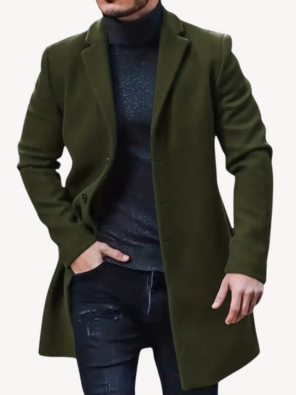 Herre trenchcoat – skreddersydd passform – ullfølelse – midtlengde – notch-slag – 3-knapps lukking