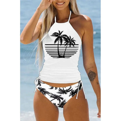 Baddräkt dam – Halterneck – Tropiskt print – Justerbar rynkad bikinitrosa