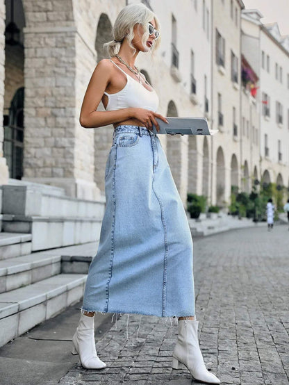 Dam Denim Maxi-kjol – Hög Midja – Rak Passform – Stilren och Mångsidig