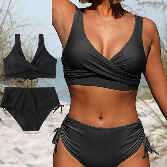 Dam Bikini Set – Omslags Topp – Hög Midja – Justerbara Rynkade Sidor – Andningsbart Tyg