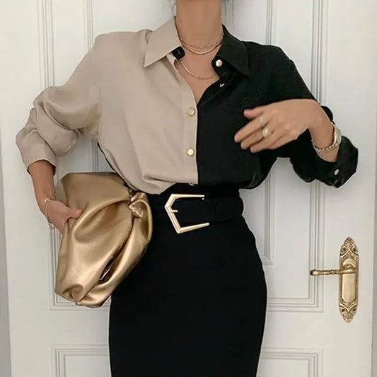 Dam Blus - Elegant Split Design - Långärmad med Krage - Knappfront
