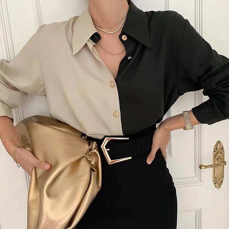 Dam Blus - Elegant Split Design - Långärmad med Krage - Knappfront