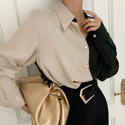 Dam Blus - Elegant Split Design - Långärmad med Krage - Knappfront