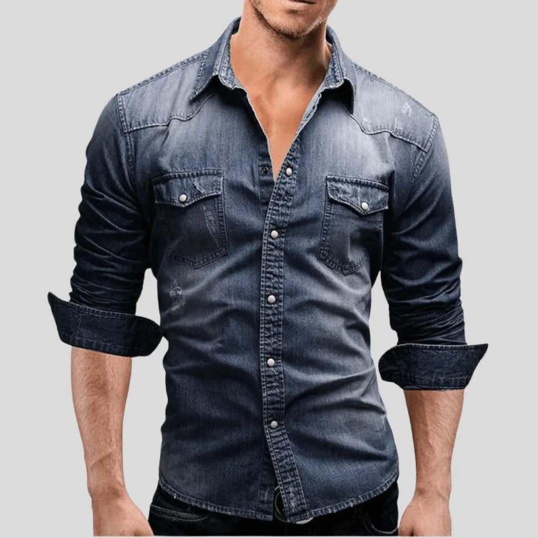 Herreskjorte i Denim – Klassisk Snitt – Knappestolpe – Slank Passform – Brystlommer