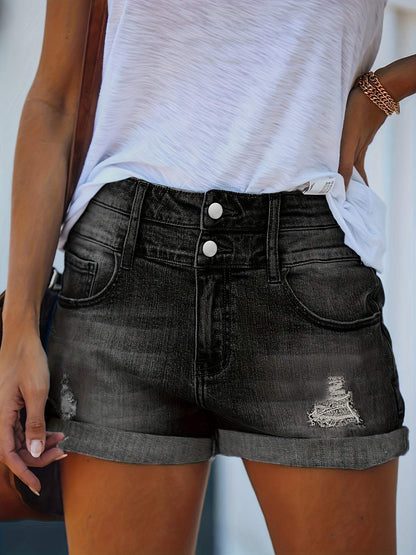 Dam Denimshorts - Hög Midja - Uppvikt Kant - Trendig Sliten Design - Ledig Passform