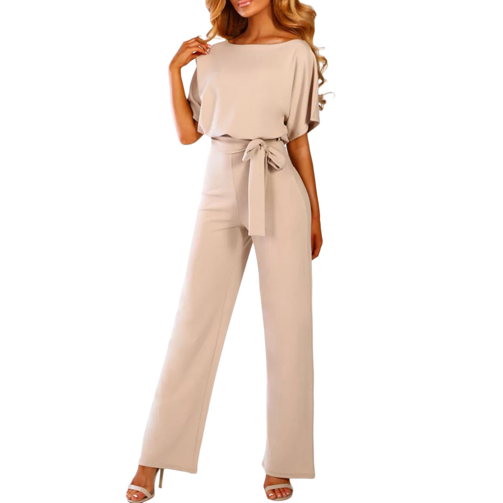 Dame Jumpsuit - Elegant Design - Vide Ben - Knytebelte - Kort Flutter Ermer