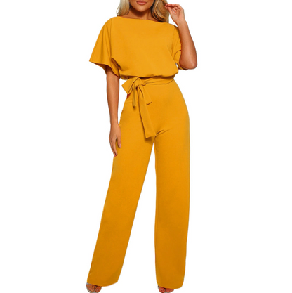 Dame Jumpsuit - Elegant Design - Vide Ben - Knytebelte - Kort Flutter Ermer