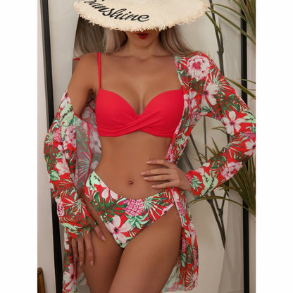 Dam Bikini Set – Rynkad Topp – Justerbara Remmar – Figurnära Passform – Blommigt Underdel