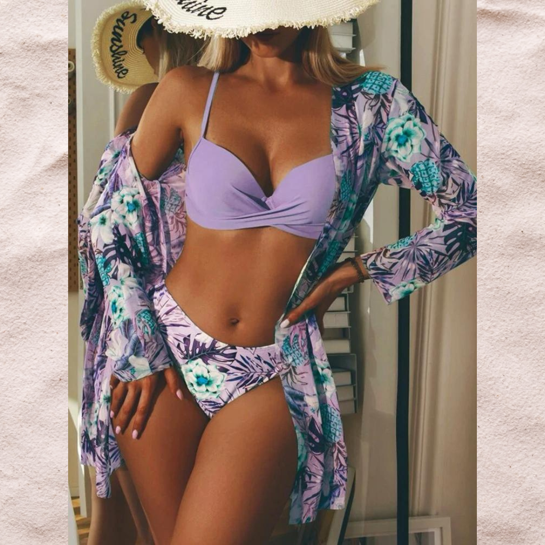 Dam Bikini Set – Rynkad Topp – Justerbara Remmar – Figurnära Passform – Blommigt Underdel