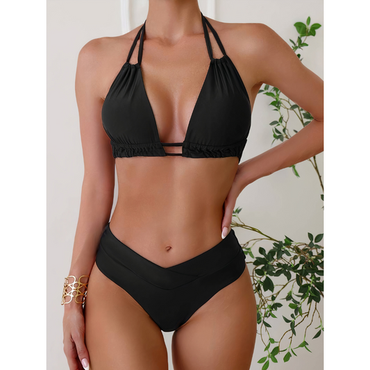 Dam Bikini Set – Halterneck Topp – Hög Midja V-Snitt – Andningsbart Stretchtyg