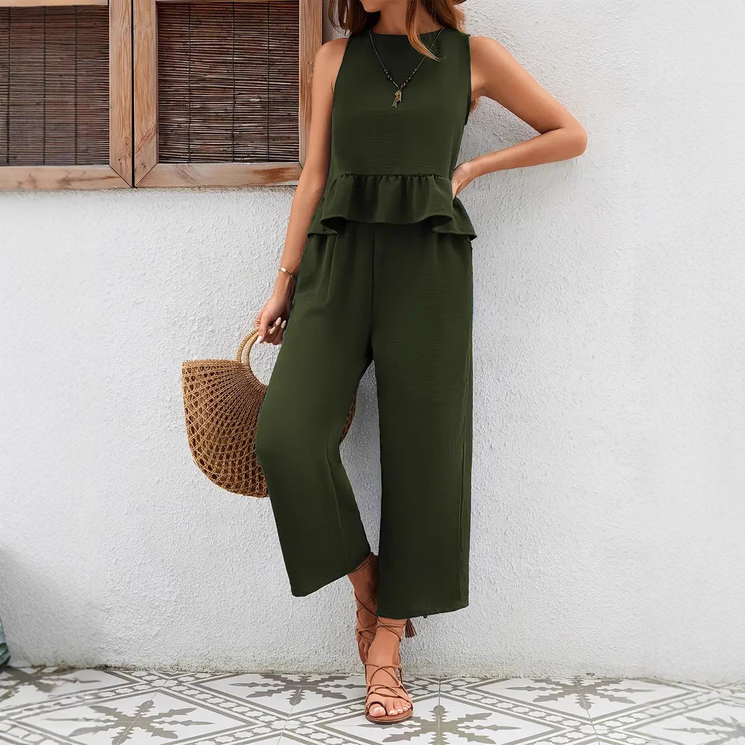 Kvinne Jumpsuit – Ermeløs – Vidt Ben – Ruffet Midje – Pustende Blandingsstoff