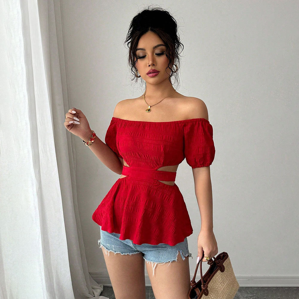 Dam Crop Topp – Off-Shoulder – Smal Passform – Korsdesign Midja – Texturerat Tyg