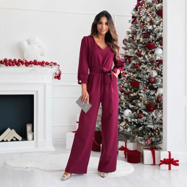 Dam jumpsuit – V-ringning – Vida ben – Långärmad – Avslappnad passform – Knytband