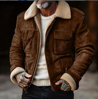 Herr Shearling-jacka – Mocka Finish – Strukturerad Passform – Flikfickor