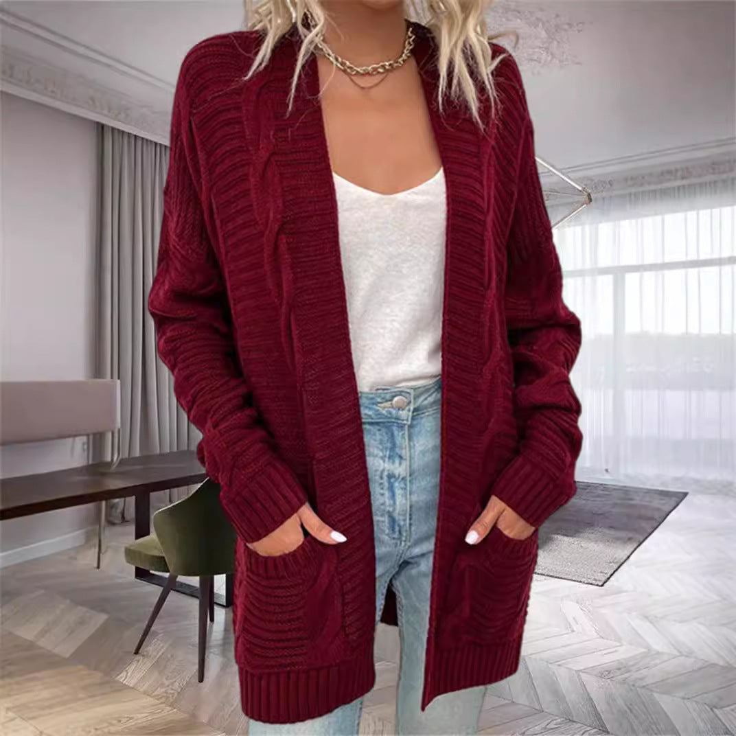 Dam Cardigan – Oversized Passform – Tjock Stickning – Öppen Front – Fickor – Ullblandning