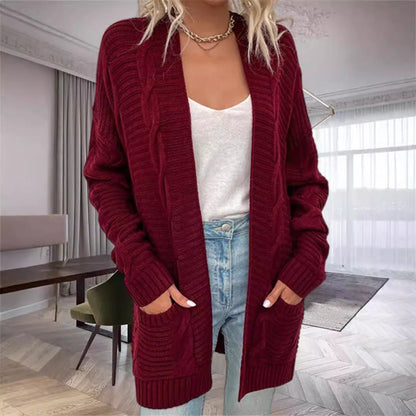 Dam Cardigan – Oversized Passform – Tjock Stickning – Öppen Front – Fickor – Ullblandning