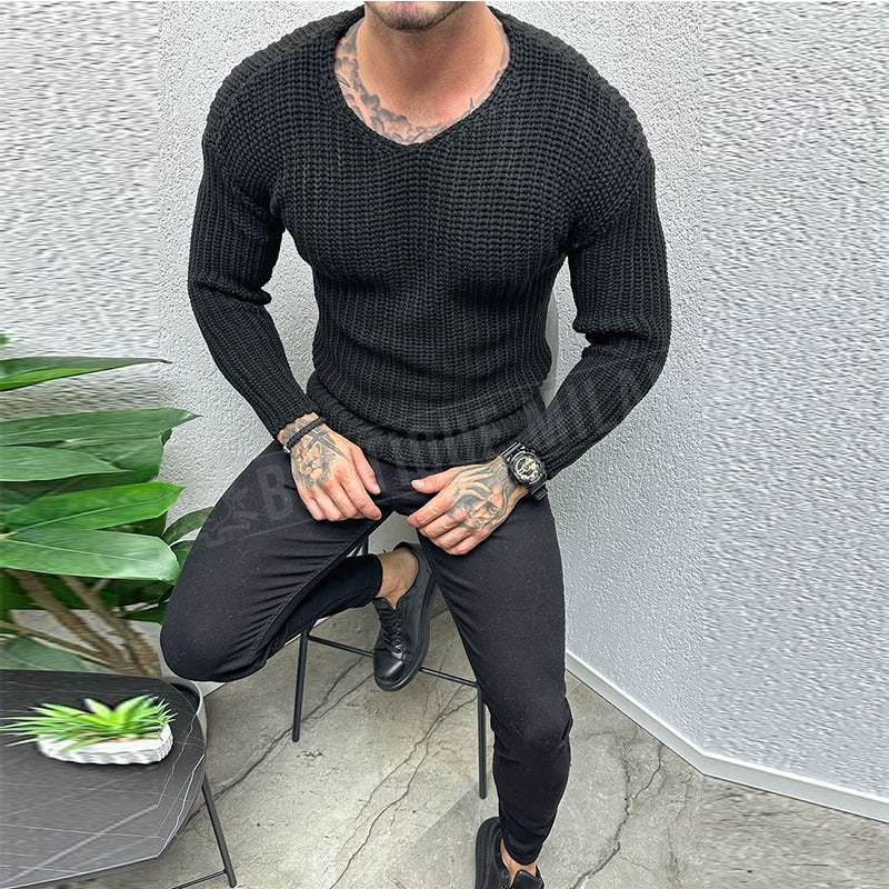 Herrtröja – Slim Fit – Grovstickad Ullblandning – Rund Hals – Långärmad Casual