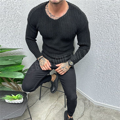Herrtröja – Slim Fit – Grovstickad Ullblandning – Rund Hals – Långärmad Casual