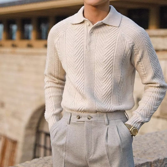 Herrtröja – Slim Fit – Kabelstickad – Mjuk Varm Stretch – Polokrage
