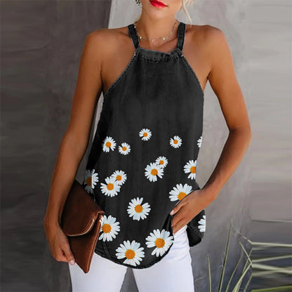 Dam Camisole Topp – Lätt Denimlook – Avslappnad Passform – Spagettiband – Blommönster