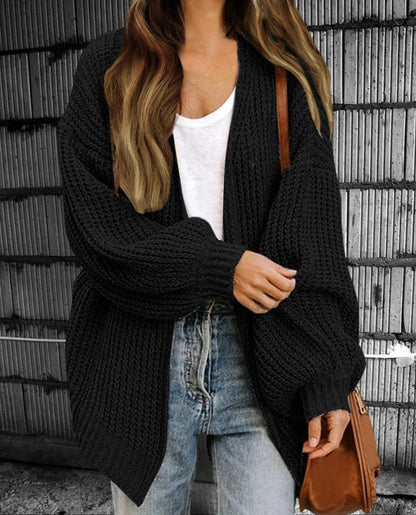 Dam Cardigan – Chunky Stickning – Oversized Passform – Öppen Front – Ribbstickad