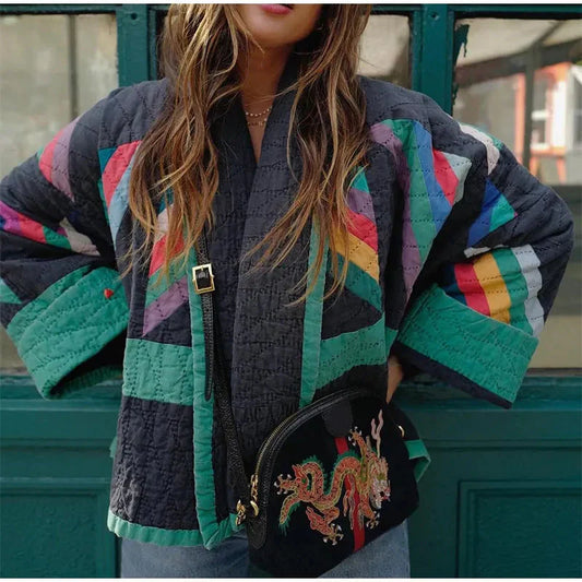 Damjacka – Vadderad Quiltad – Oversized Passform – Patchwork – Höftkort Casual