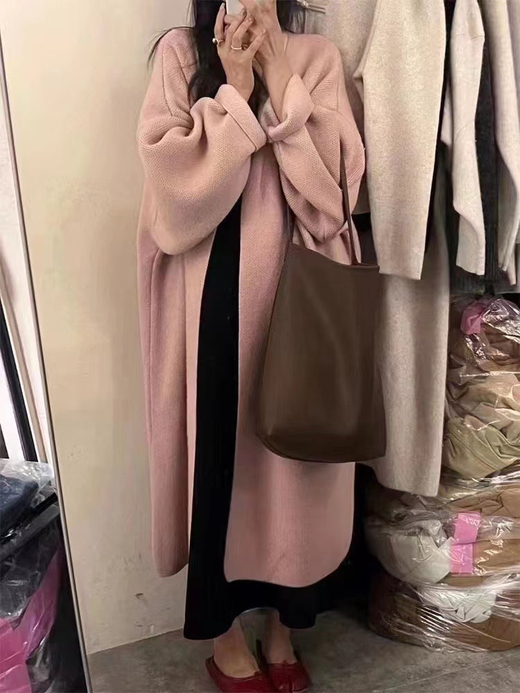 Dam Cardigan Kappa – Oversized Passform – Ullstickad – Öppen Front – Ankellång