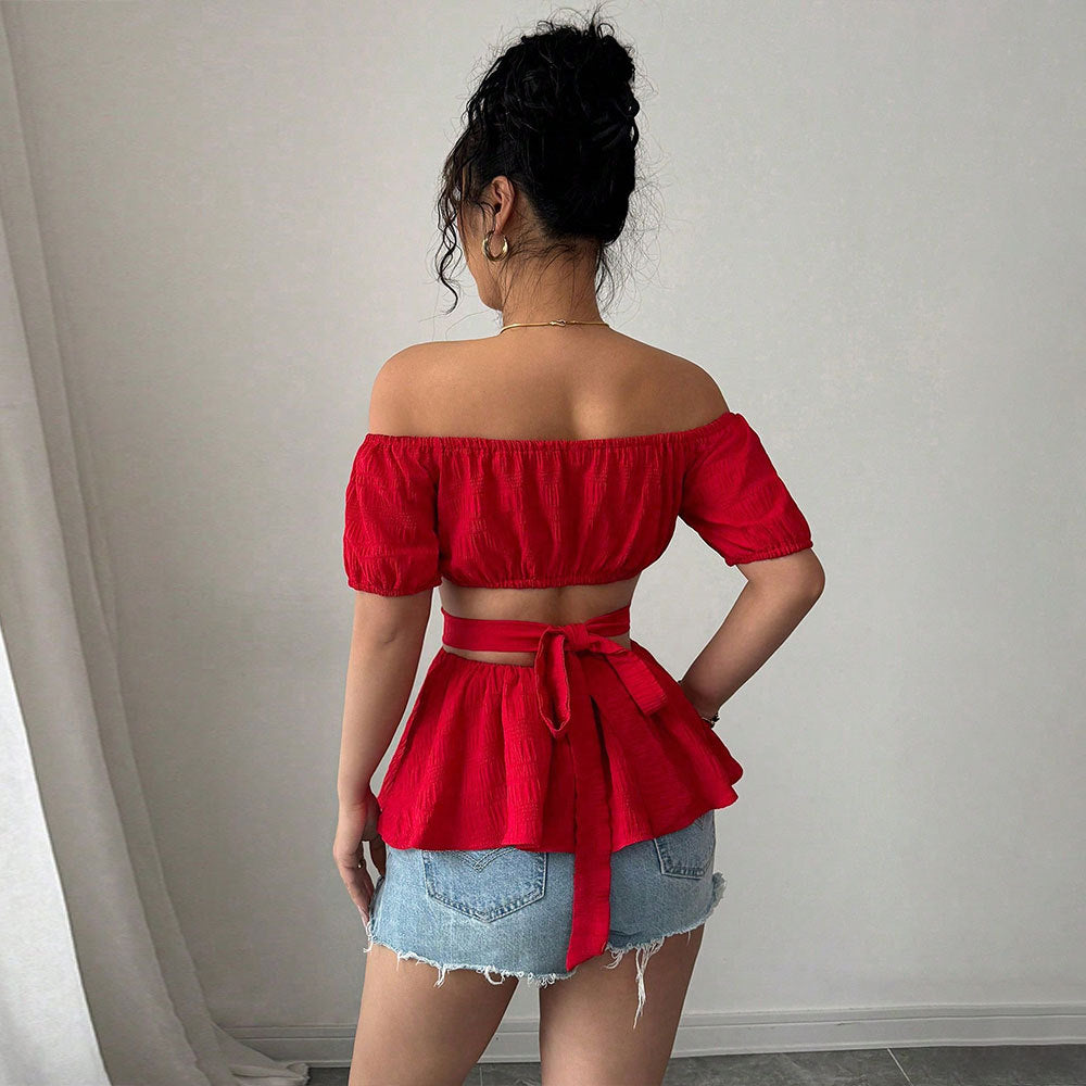 Dam Crop Topp – Off-Shoulder – Smal Passform – Korsdesign Midja – Texturerat Tyg