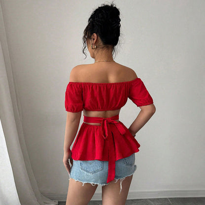 Dam Crop Topp – Off-Shoulder – Smal Passform – Korsdesign Midja – Texturerat Tyg
