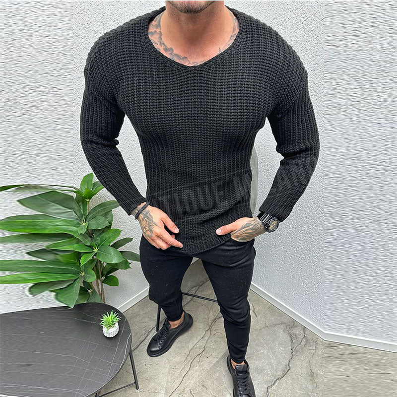 Herrtröja – Slim Fit – Grovstickad Ullblandning – Rund Hals – Långärmad Casual