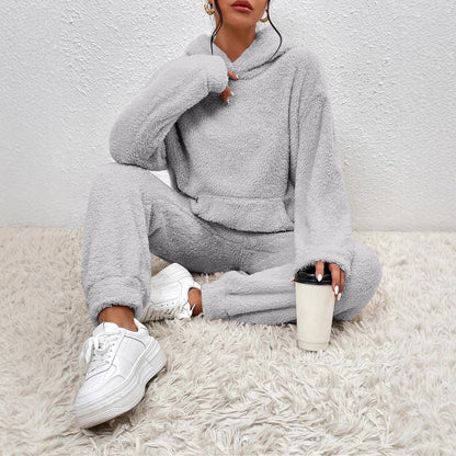 Dam Two-Piece Set – Mjuk Plysch – Avslappnad Passform – Huvtröja och Vida Byxor