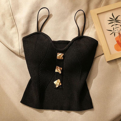 Dam Crop Camisole – Smal Passform – Ribbstickad – Spagettiband – Gulddetaljer