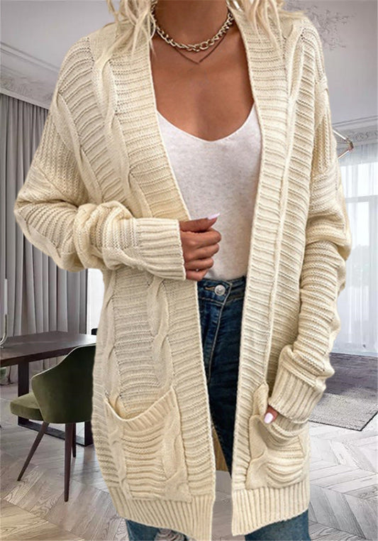 Dam Cardigan – Oversized Passform – Tjock Stickning – Öppen Front – Fickor – Ullblandning