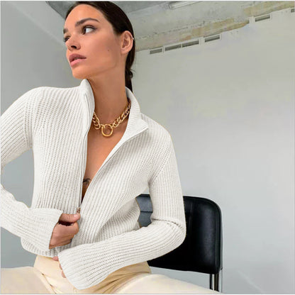 Dam Cardigan – Smal Passform Stickad – Hög Krage – Dragkedja – Långa Ärmar