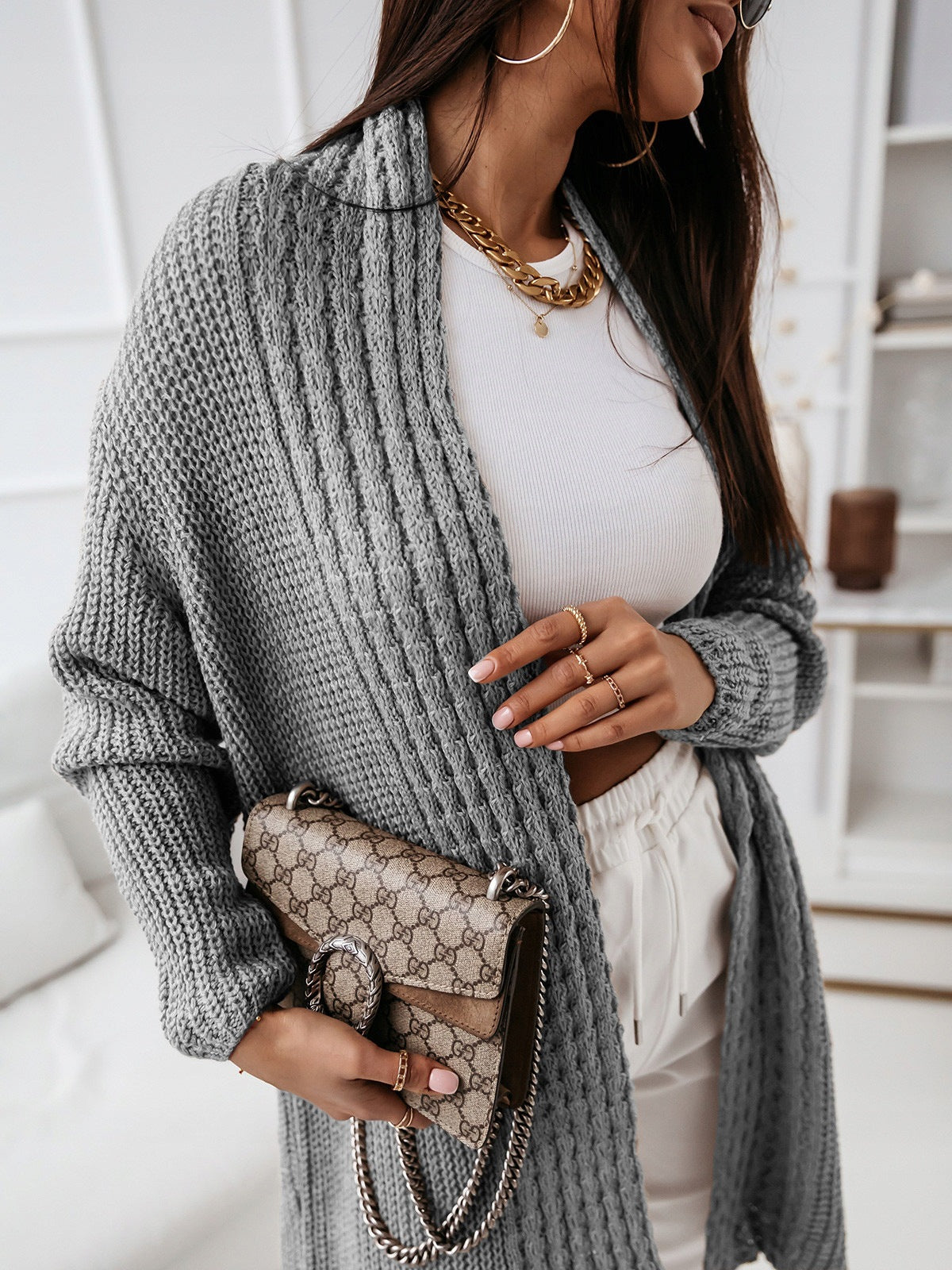 Dam Cardigan – Ullstickad – Avslappnad Passform – Öppen Front – Ribbad Struktur