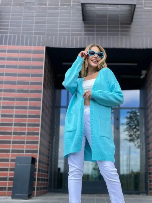 Dam Cardigan Stickad – Lös Passform – Öppen Front – Lång Modell med Fickor