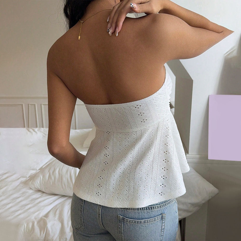Dam bustier topp – axelbandslös – figursydd midja – andningsbart broderat tyg – cropped