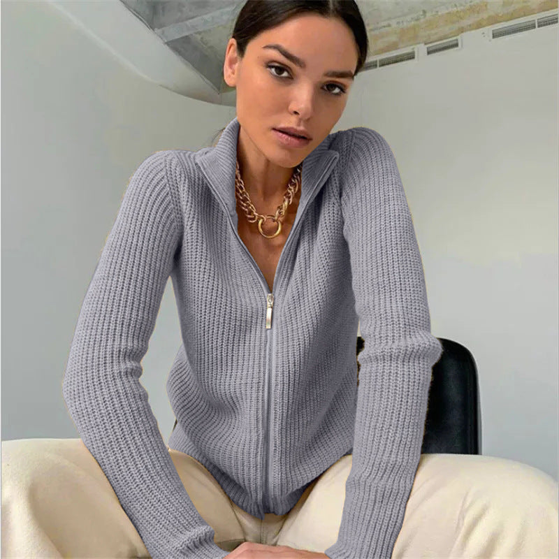 Dam Cardigan – Smal Passform Stickad – Hög Krage – Dragkedja – Långa Ärmar