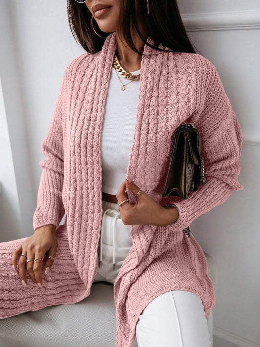 Dam Cardigan – Ullstickad – Avslappnad Passform – Öppen Front – Ribbad Struktur