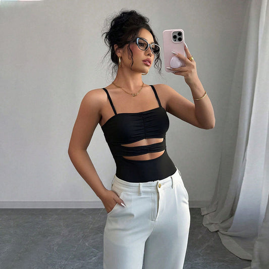 Dam Camisole Topp – Slim Fit – Rynkad Front – Spagettiband – Utskuren Midja