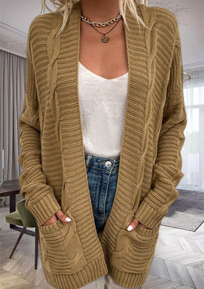 Dam Cardigan – Oversized Passform – Tjock Stickning – Öppen Front – Fickor – Ullblandning