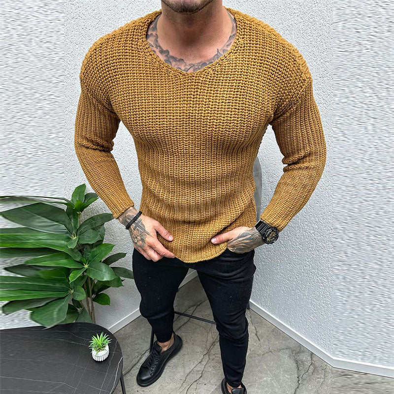 Herrtröja – Slim Fit – Grovstickad Ullblandning – Rund Hals – Långärmad Casual